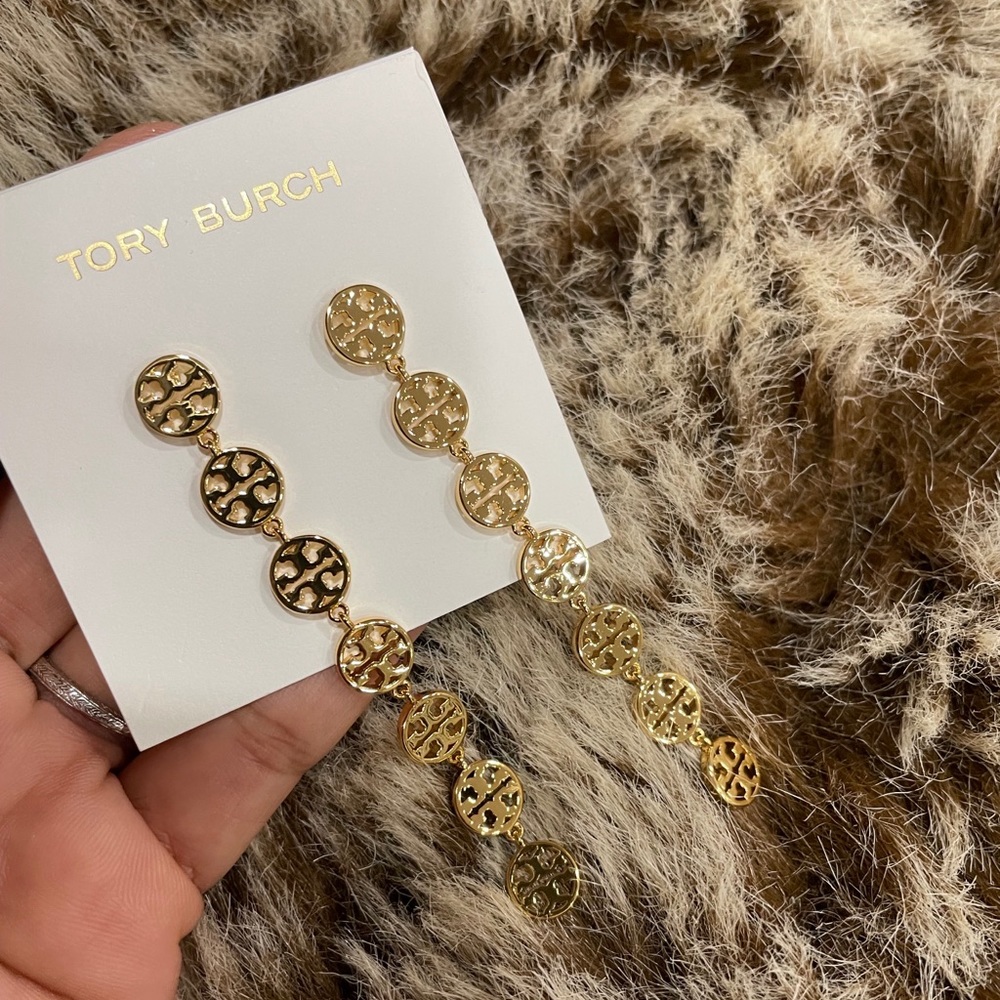 Tory Burch drop earrings gold tone logo